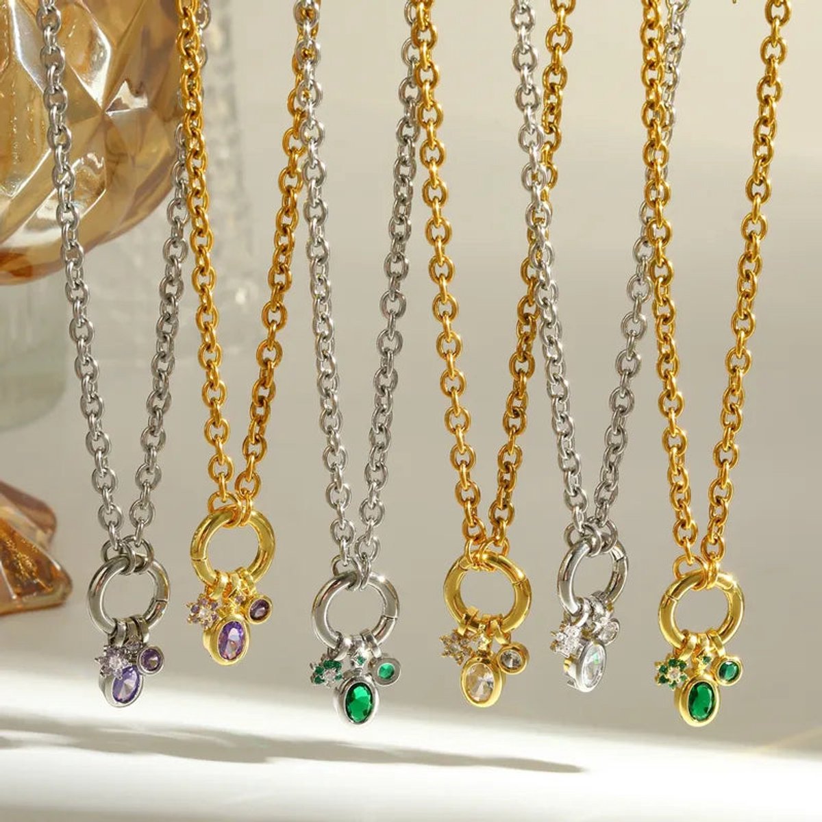 Stalen Ankerketting met 3 Zirkonia Bedels Goudkleurig RVS – 4mm 42cm - gold - Paars