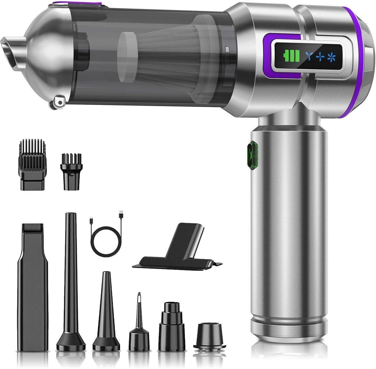 MODFU Draadloze Auto Stofzuiger & Handstofzuiger – 16.000Pa Zuigkracht – 3 Standen – Zuigen, Blazen & Opblazen – LED-display – Type-C Opladen – 6000mAh Accu – Voor Auto, Thuis & Kantoor – Zilverpaars
