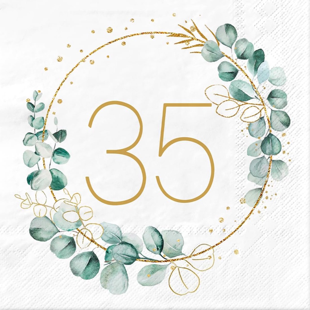 Sprinlot 40 stuks servetten 35e verjaardag, papieren servetten, groene eucalyptus, servetten Happy 35e verjaardag - ShopVlot