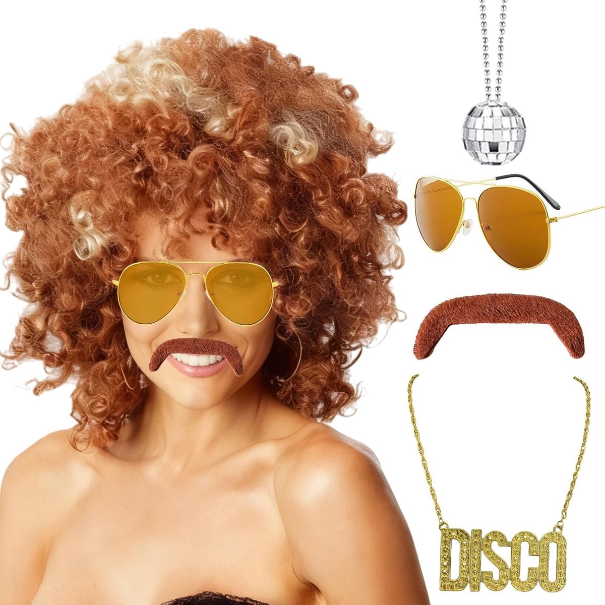 5 stuks discokostuumset met nepgouden ketting, afro pruik, nepbaard en bril - ideaal voor Halloween, carnaval en feestjes