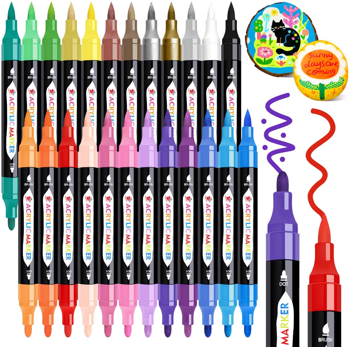 Acrylverf markers 24 kleuren - dubbele punt - waterdicht - geschikt voor diverse oppervlakken - ShopVlot