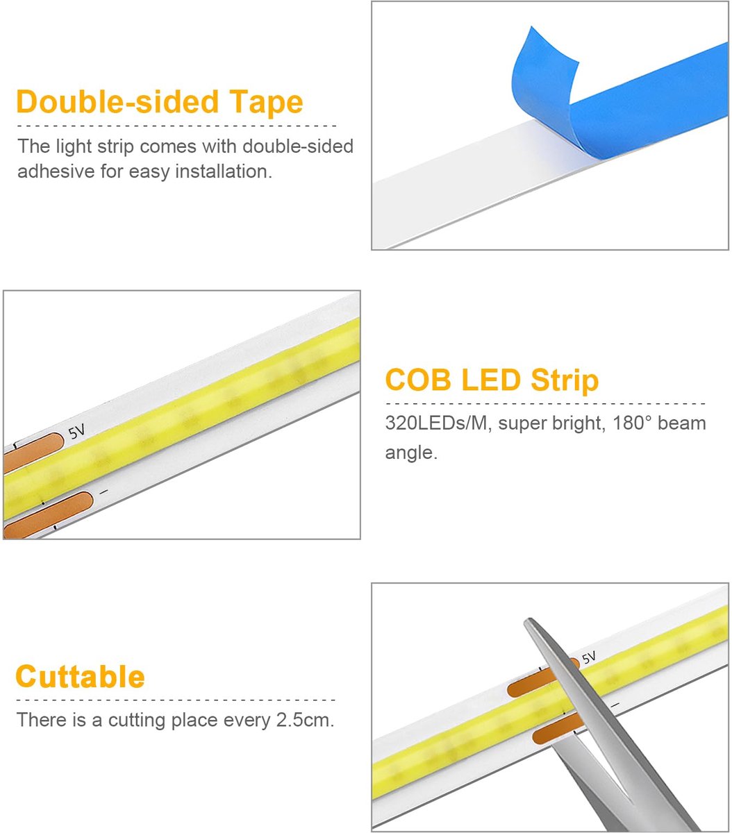 LED-strip 1M wit - COB technologie - USB met dimmer - ideaal voor sfeerverlichting - ShopVlot