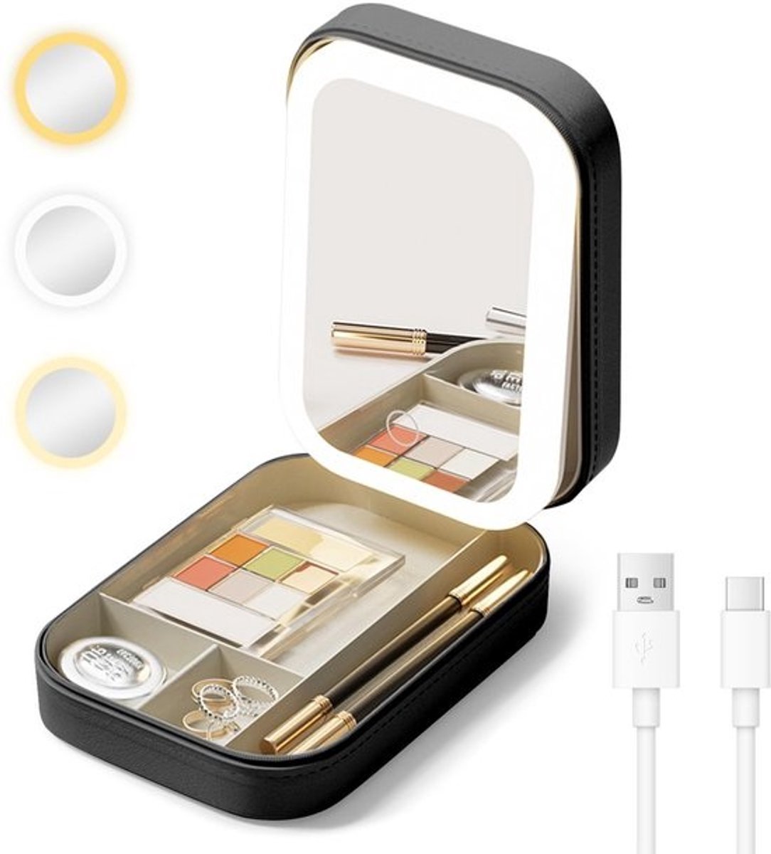 Dailygoods - Cuteefun Make-upspiegel met verlichting, verlichte reisspiegel met sieradenorganizer, 3 kleuren lichtmodi, dimbaar touchscreen, USB-oplaadbaar, ideaal voor slaapkamer, kaptafel, badkamer, zwart