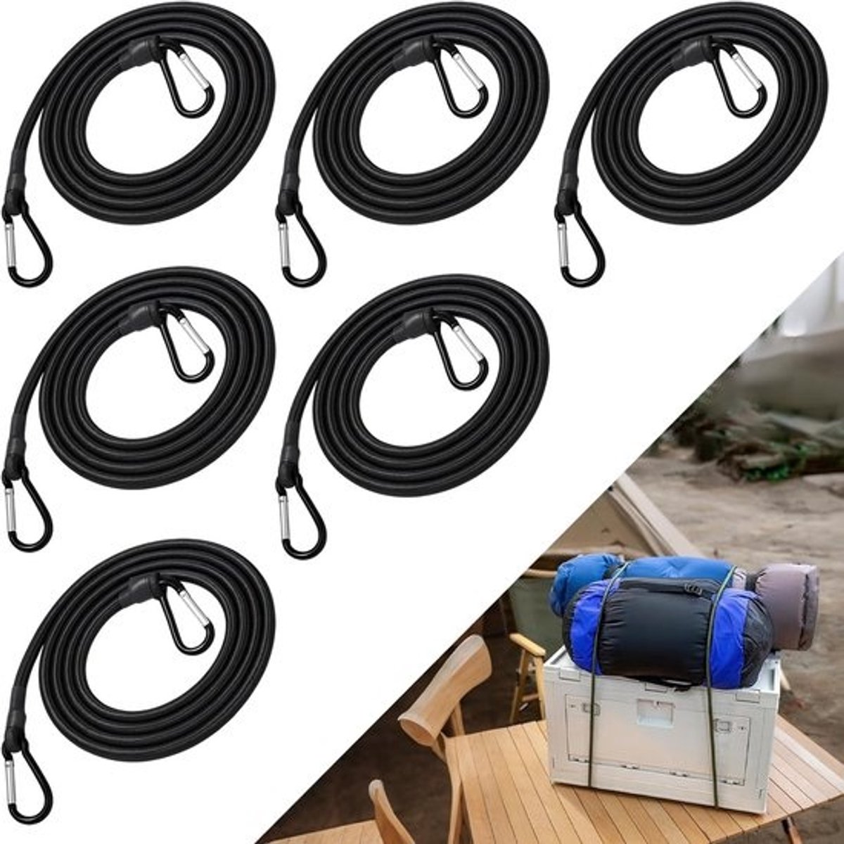 Set van 6 elastische straps met karabijnhaak - robuuste elastische spanbanden met haken - 30 cm - UV-bestendig en weerbestendig accessoires