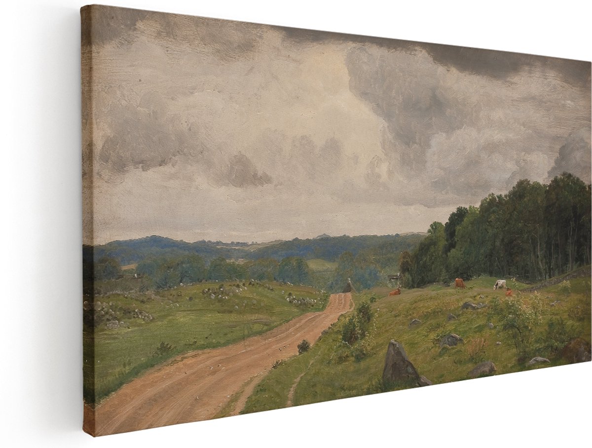 Artaza Canvas Schilderij Koeien - 160x80 cm - Groot - Wanddecoratie Landschap - Muurdecoratie Natuur - Schilderijen Op Canvas Landweg