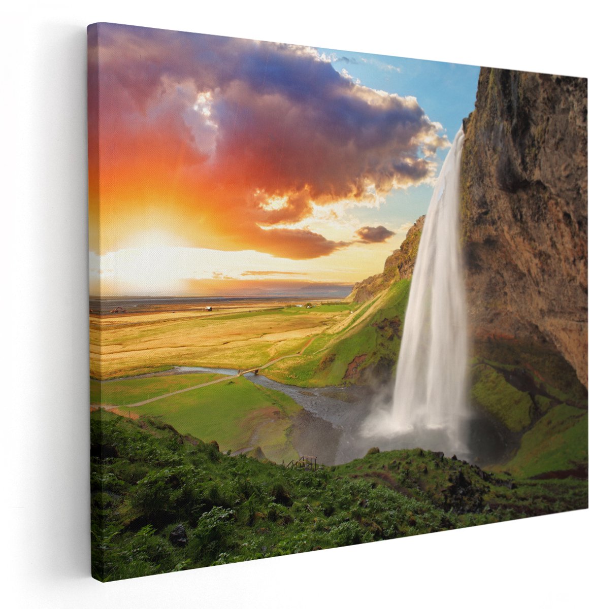 Artaza Canvas Schilderij Waterval In IJsland Met Zonsondergang - 150x120 cm - Groot - Wanddecoratie Woonkamer - Schilderijen - Muurdecoratie