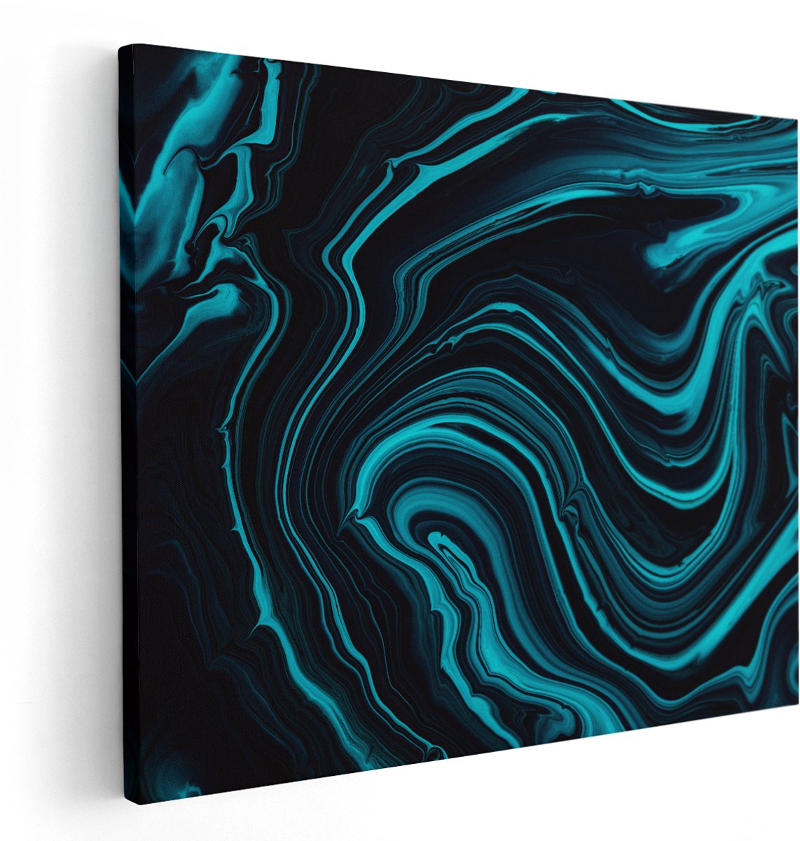 Artaza Canvas Schilderij Abstracte Kunst - Aqua Blauw met Zwart - 150x120 cm - Groot - Wanddecoratie Woonkamer - Schilderijen - Muurdecoratie