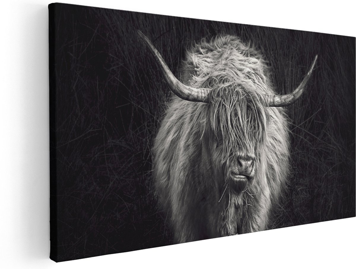 Artaza Canvas Schilderij Schotse Hooglander Koe - Zwart Wit - 160x80 cm - Groot - Wanddecoratie Woonkamer - Schilderijen - Muurdecoratie