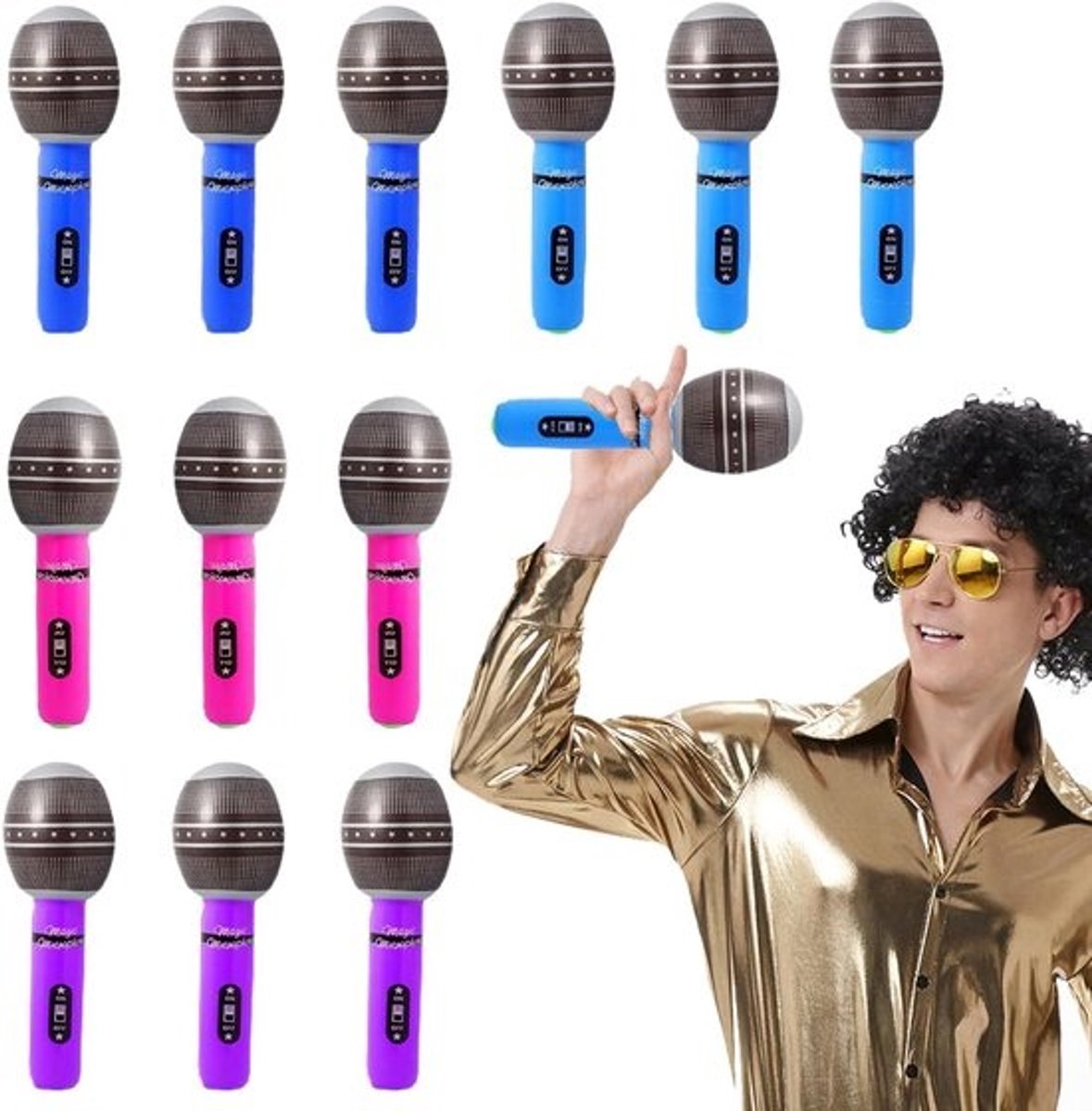 Opblaasbare microfoons - Feestaccessoires - Muziekfeestjes organiseren - Realistisch ontwerp - 12 stuks - Vier kleuren