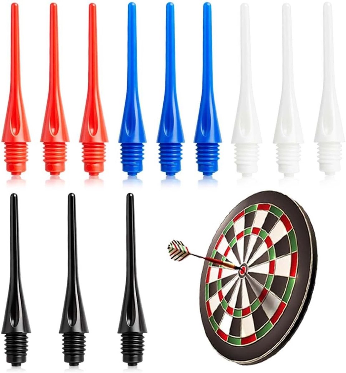 12 Stuks Vervangende Punte voor Soft Tip Darts, 2BA Schroefdraad, Ultra Stabiel en Duurzaam (Zwart, Wit, Blauw, Rood)