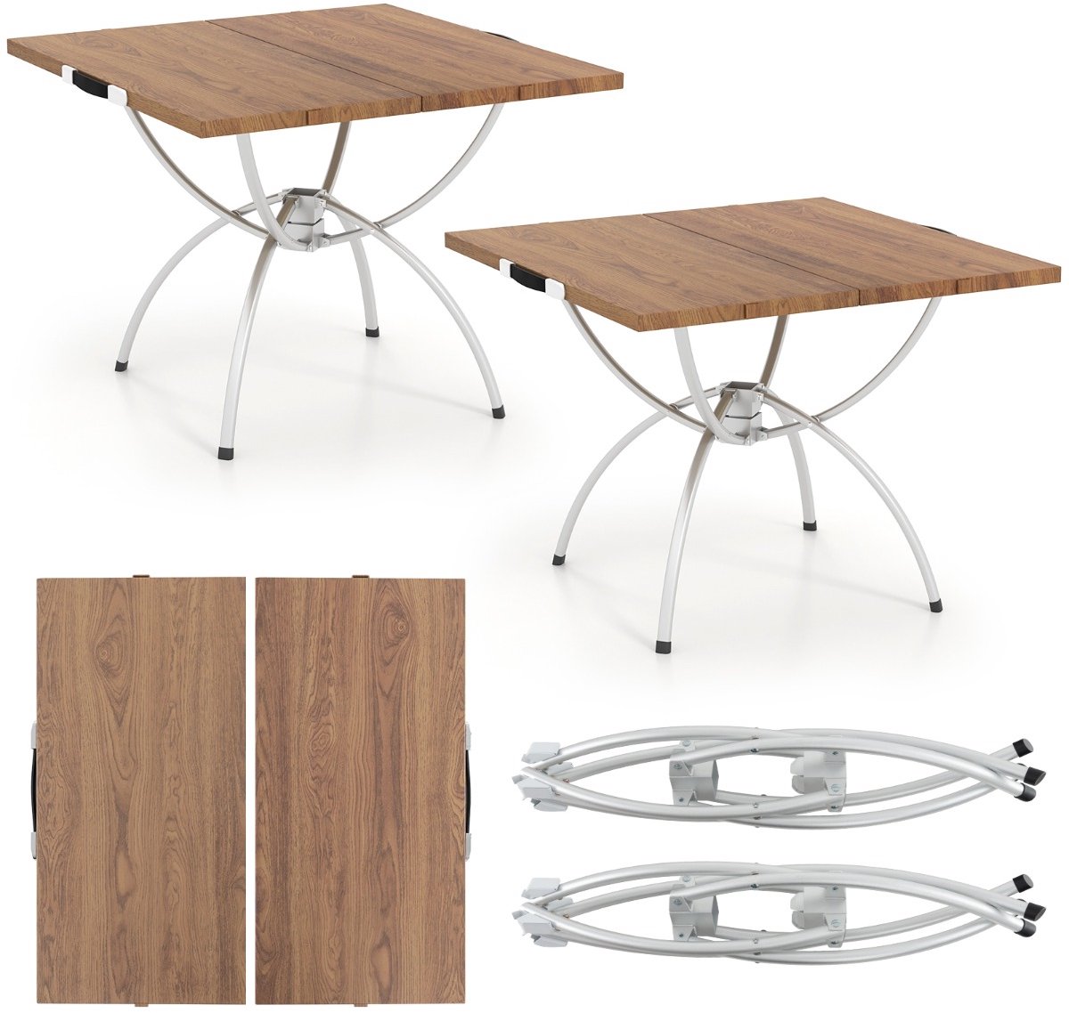 SureDeal® - Kamper - Pack Opvouwbare Campingtafel - Houtnerf Tafelblad Aluminium - 65x35x23,5 cm - Koffie + Zilver
