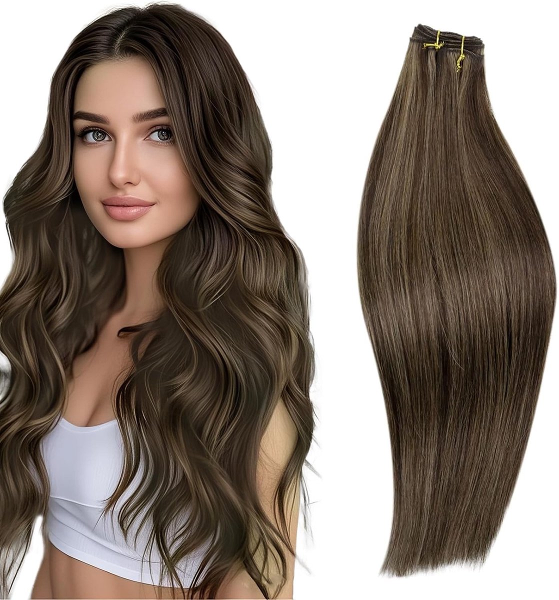Weft Haarextensions van Echte Menselijke Haar met Lichtbruine en Donkerbruine Highlights - 22 Inch, 100g Remy Haar voor Een Natuurlijke Look