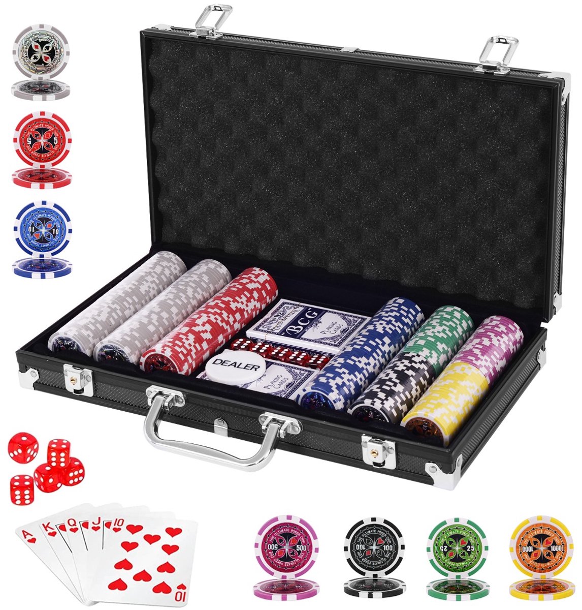 SureDeal® - Speelkamer - Pokerset Poker Chips - Aluminium Koffer Complete - 38,4x20,5x6,5 cm - Zwart