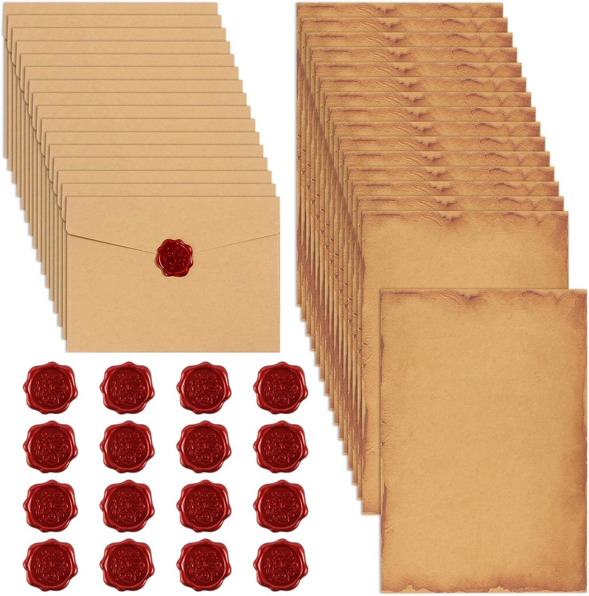 Vintage Briefpapier met Enveloppen en Waszegels, 16 Kraft Enveloppen, B6 Vouwkaarten voor Geldcadeaus, Bedankkaarten en Uitnodigingen