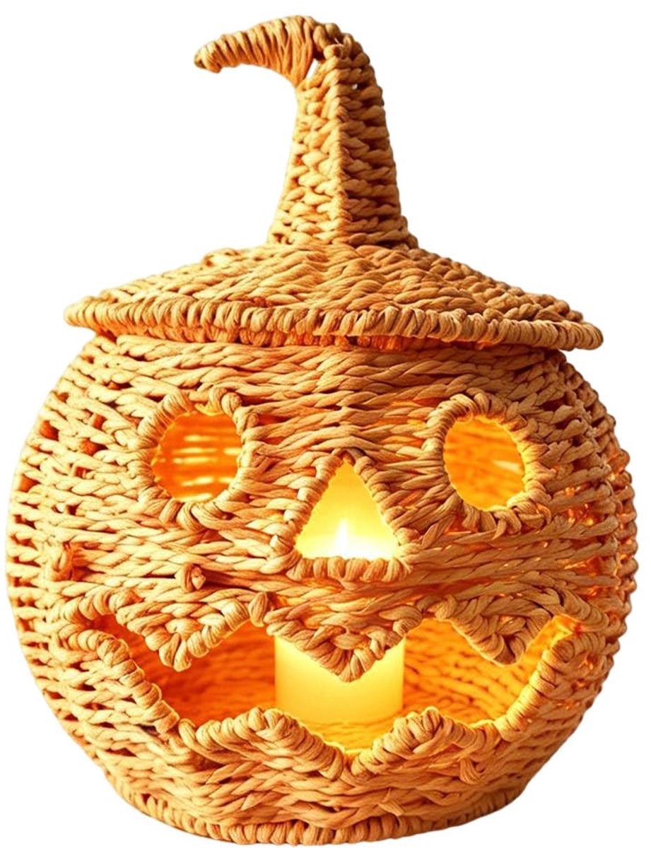 Casalora® Halloween Pompoen Lantaarn - Inclusief LED Kaars - Handgeweven Rotan Jack-o'-Lantern Snoepmand - Trick-or-Treat Emmer met Handvat - Halloween Decoratie - Oranje - 26 × 20 cm