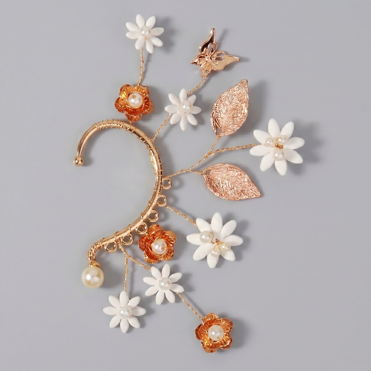 Elfen Oor Cuff, Handgemaakte Bloem Blad Oorversiering, Zonder piercing oorhaak voor bruiloft en fotoshoot，Gouden eenvoudige tak- en blad-oorbelhaakjes