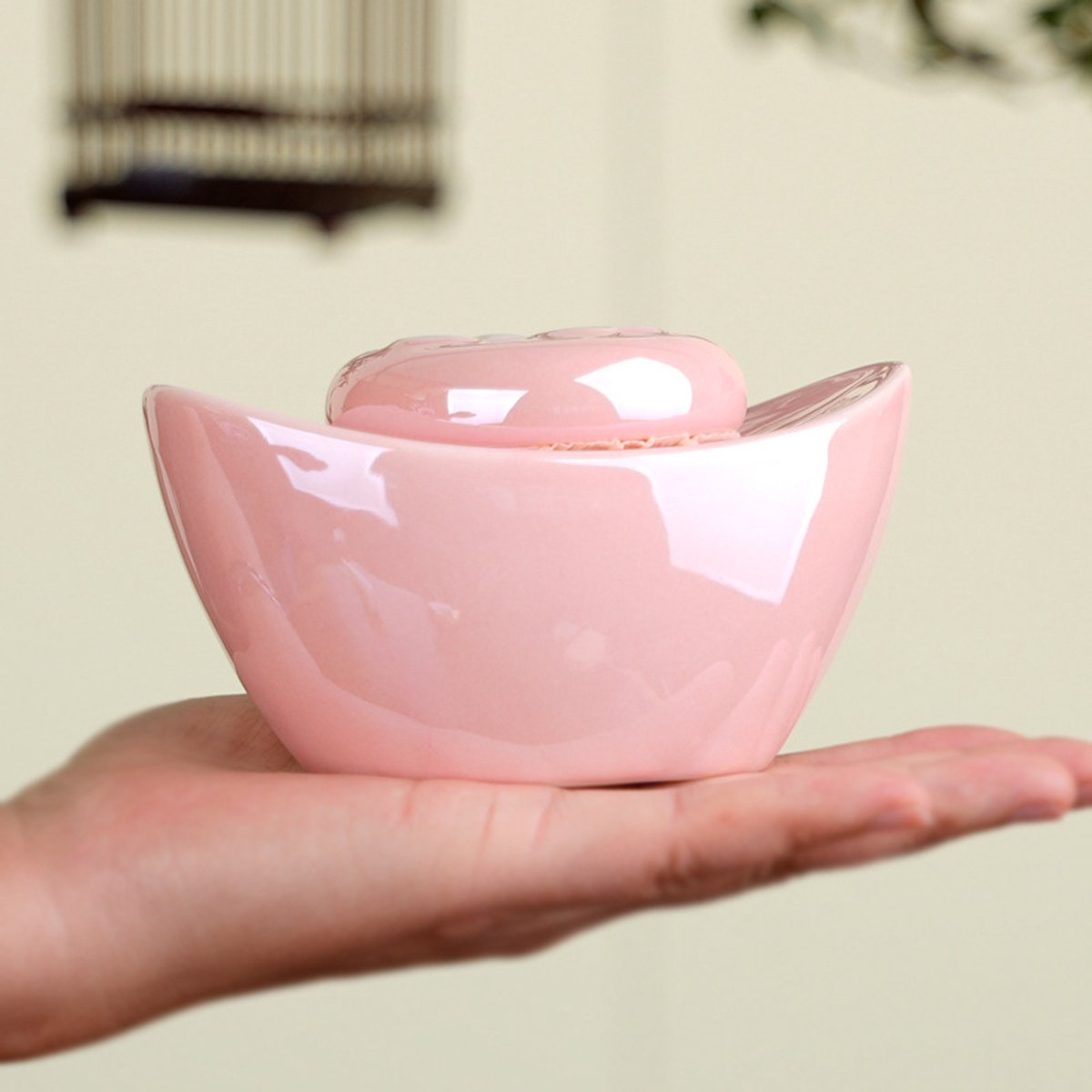 Keramische urn voor huisdier 230ml, roze pot met pootafdruk deksel, herdenkingsurn voor kleine katten en knaagdieren，Decoratie Urn