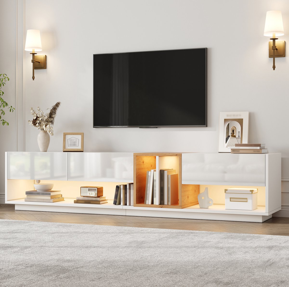 DESMIU TV Meubel - Hoogglans Met LED Verlichting En App Bediening - Voor Woonkamer En Entertainmentruimte - Spaanplaat - Wit - 190x38x42 Cm