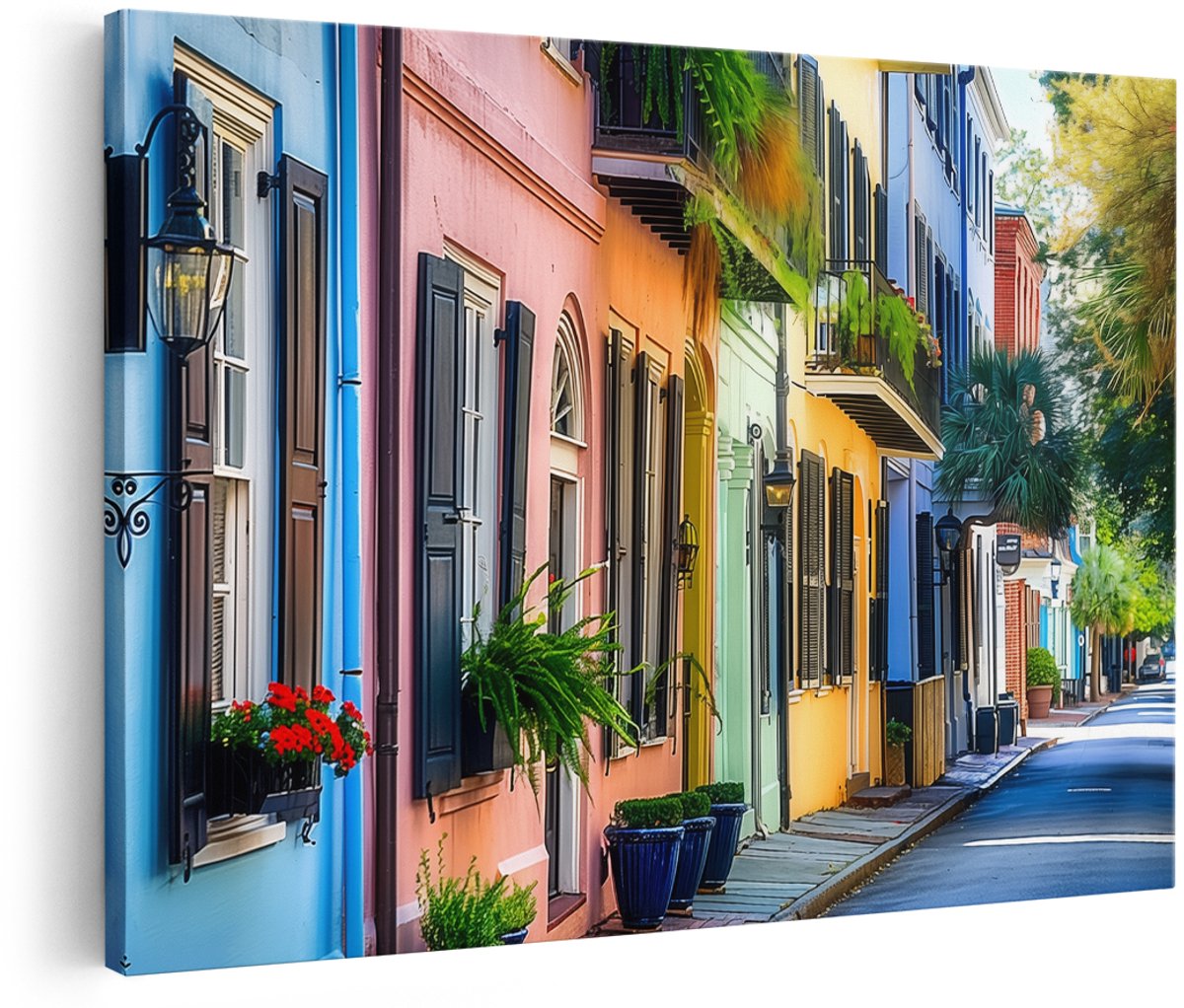 Artaza Canvas Schilderij Kleurrijke Huizen in een Straat in Charleston, Zuid-Carolina - 180x120 cm - Groot - Wanddecoratie Woonkamer - Schilderijen - Muurdecoratie
