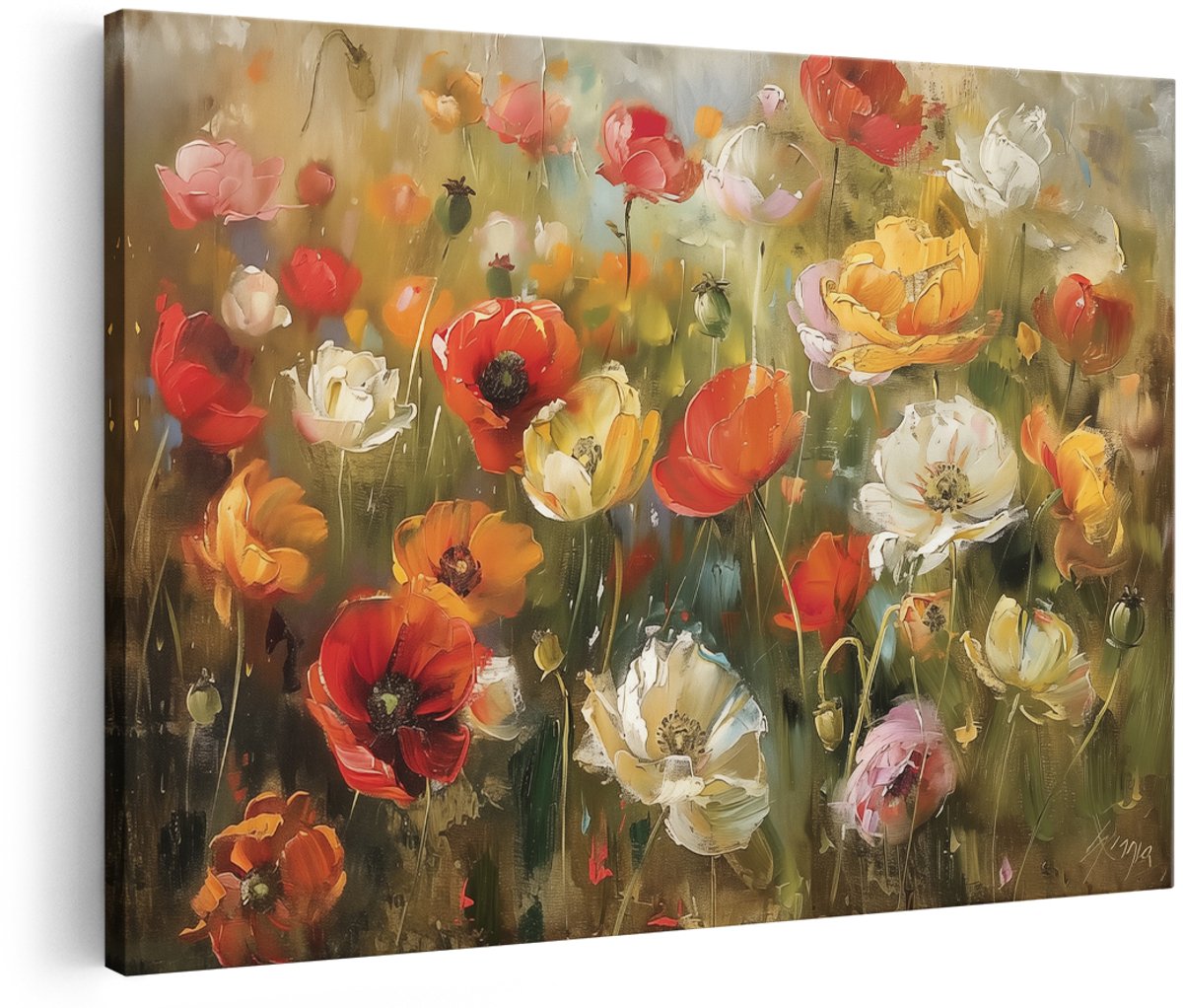 Artaza Canvas Schilderij Bloemen in een Veld - Bloemen - 180x120 cm - Groot - Wanddecoratie Woonkamer - Schilderijen - Muurdecoratie