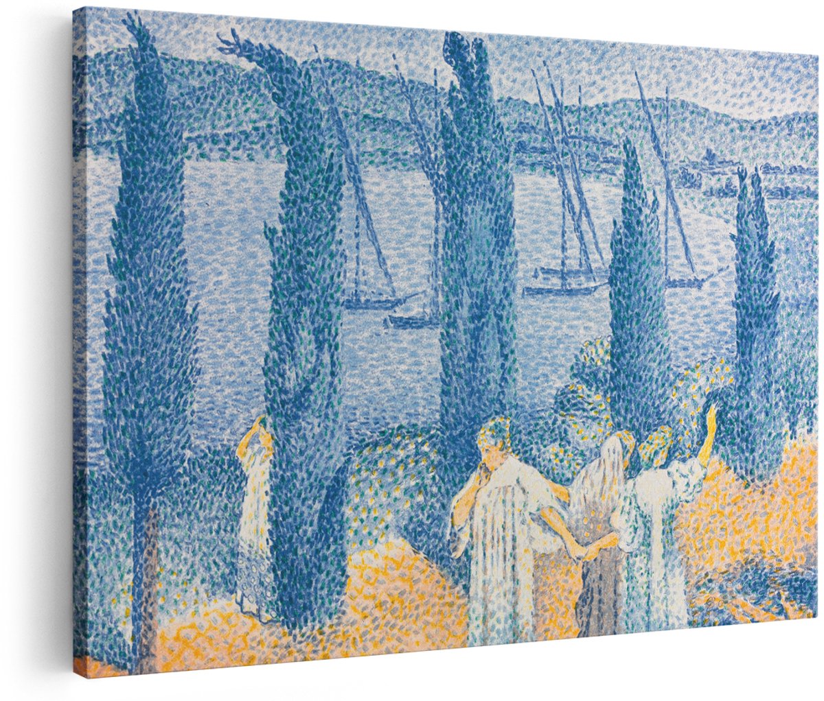 Artaza Canvas Schilderij Landschap - 180x120 cm - Groot - Wanddecoratie Pointillisme - Muurdecoratie Zeilboten - Decoratie Cipressen Woonkamer - Blauw