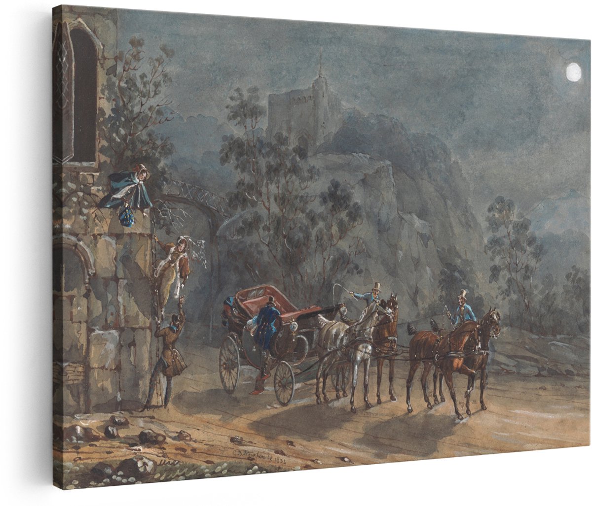 Artaza Canvas Schilderij Koets Met Paarden - 180x120 cm - Groot - Wanddecoratie Vintage - Muurdecoratie Landschap - Decoratie Maanlicht Ruïne - Schilderijen Op Canvas