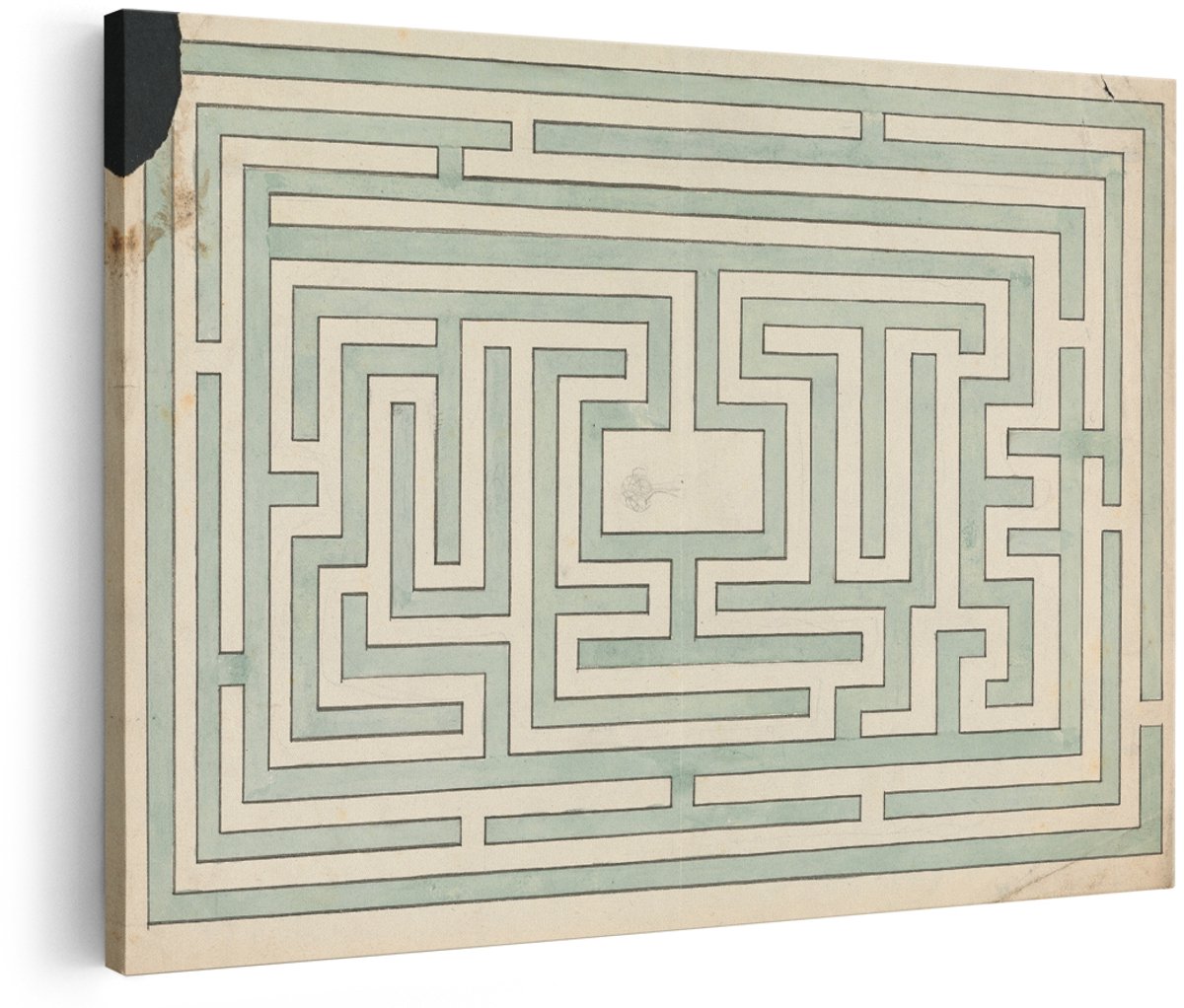 Artaza Canvas Schilderij Doolhof - 180x120 cm - Groot - Wanddecoratie Vintage - Muurdecoratie Geometrisch - Decoratie Oude Tekening - Groen
