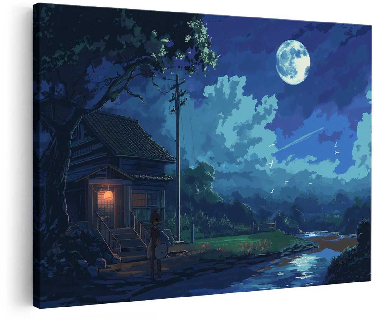 Artaza Canvas Schilderij Anime Landschap - 180x120 cm - Groot - Wanddecoratie Volle Maan - Muurdecoratie Japans Huisje - Decoratie Rivier Nacht