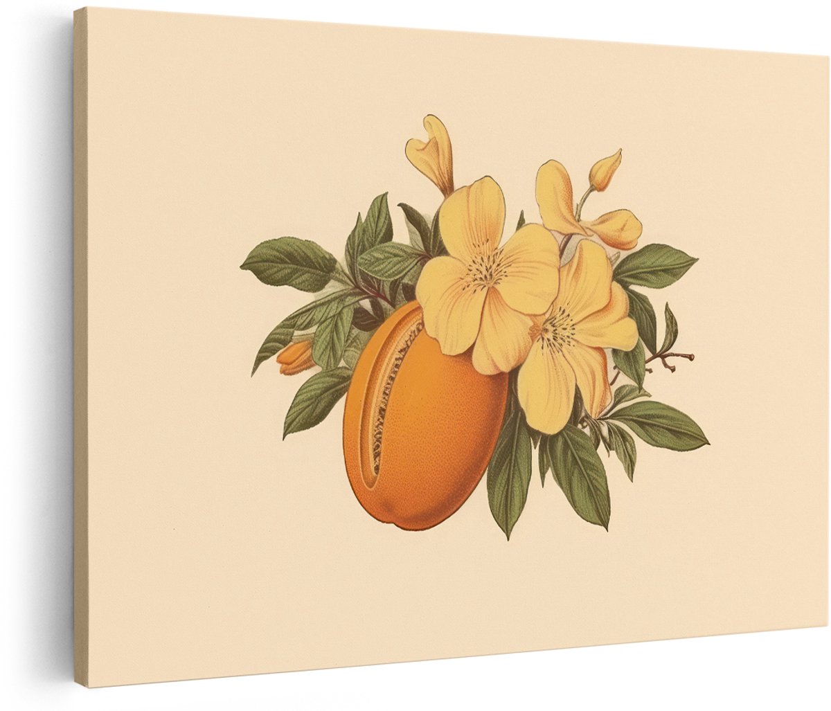 Artaza Canvas Schilderij Vintage Bloemen - 180x120 cm - Groot - Wanddecoratie Meloen - Muurdecoratie Botanisch - Decoratie Geel