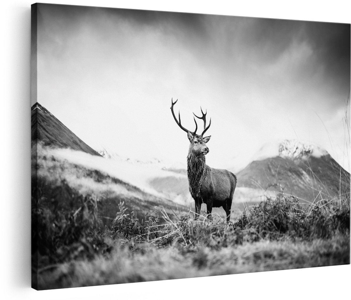 Artaza Canvas Schilderij Hert in de Bergen met Mos - Zwart Wit - 180x120 cm - Groot - Foto Op Canvas - Wanddecoratie Woonkamer