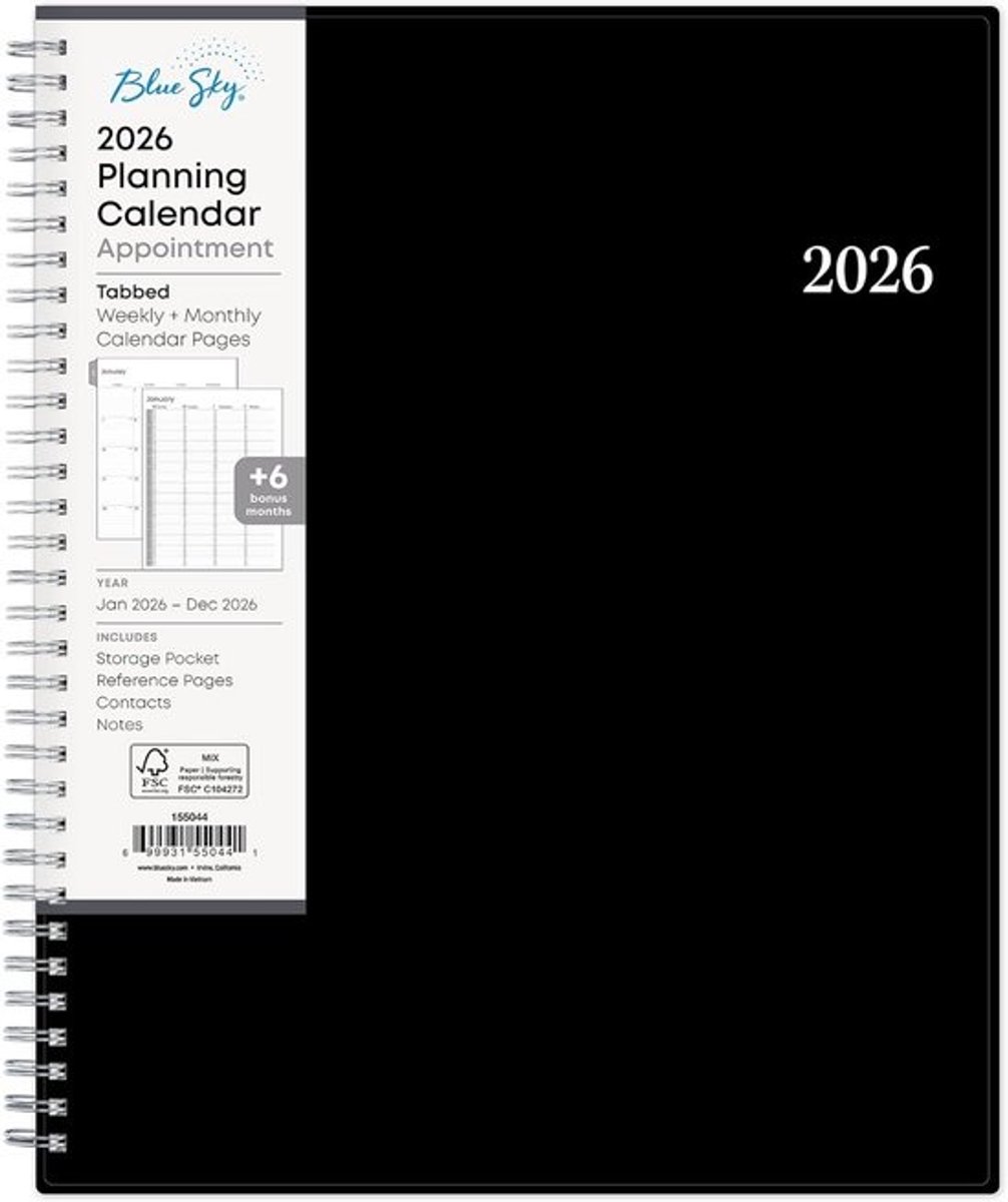 Grote Wekelijkse & Maandelijkse Agenda 2026 (Jan-Dec) - 8,5"x11" met 15 Min Timed Afspraken