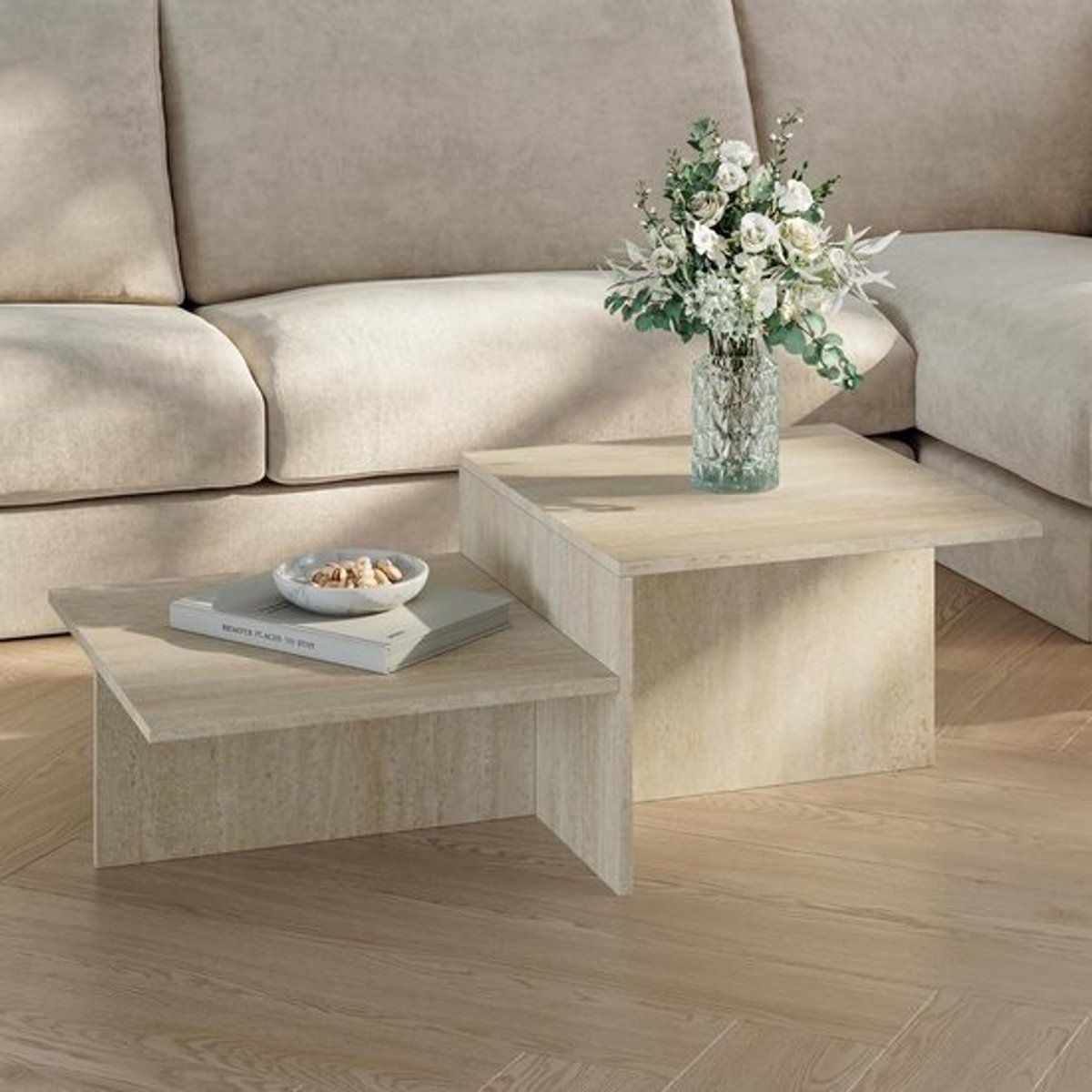 Moderne salontafel met 2 niveaus en travertijn look 100x55 cm