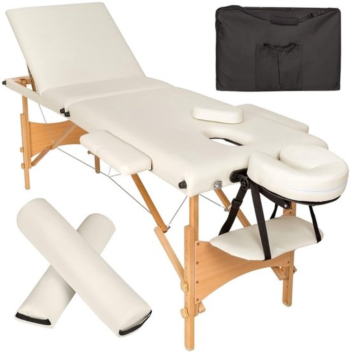 Massagetafel met 3 zones - Draagvermogen tot 250 kg - In hoogte verstelbaar - Mobiele massagebank met rolkussens - Inclusief draagtas - Beige