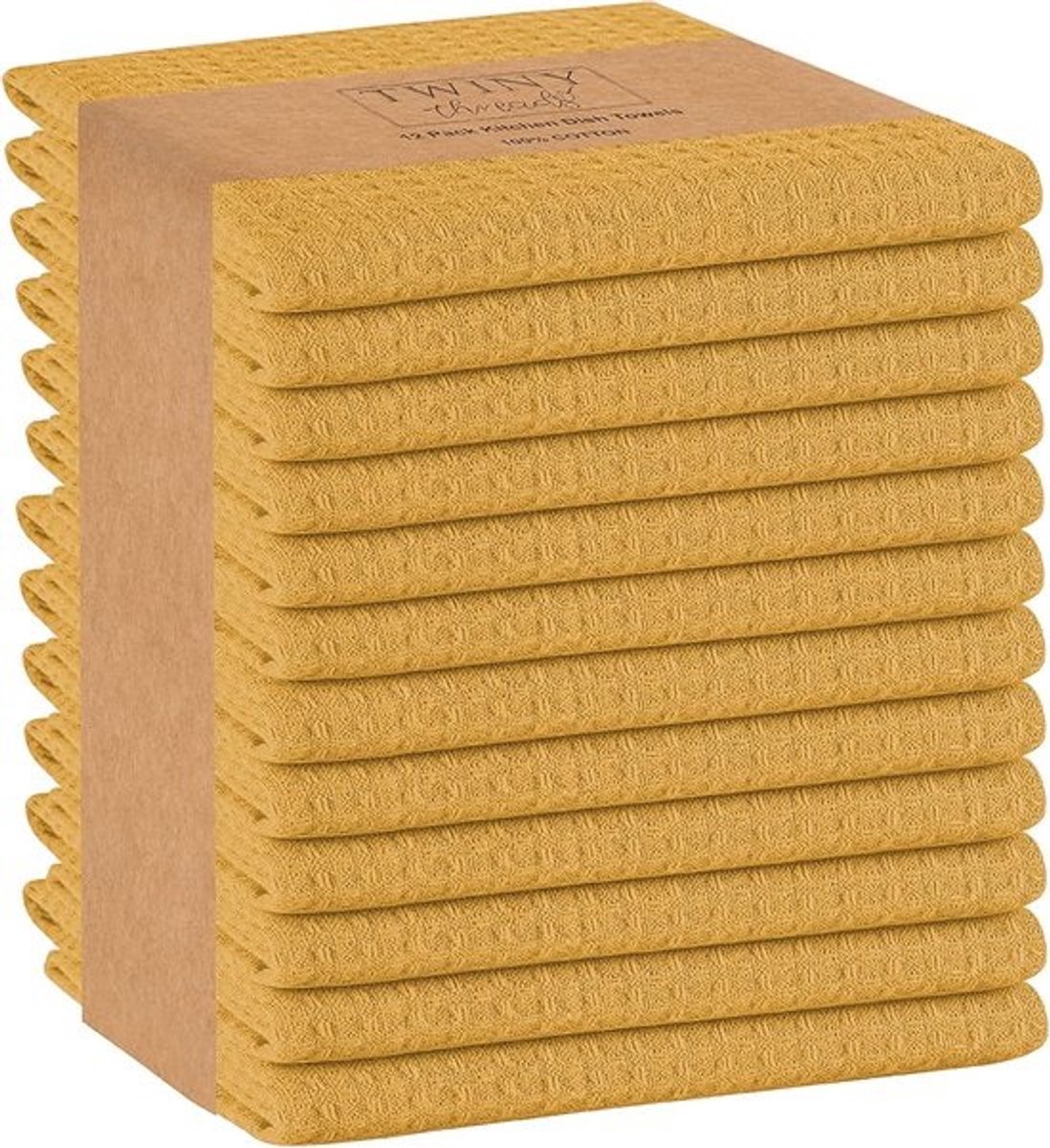 Set van 12 Keukendoeken - 100% Katoen - Extra Absorberend Dobby Wafel Dessin - Met Ophanglus - Mosterdgeel