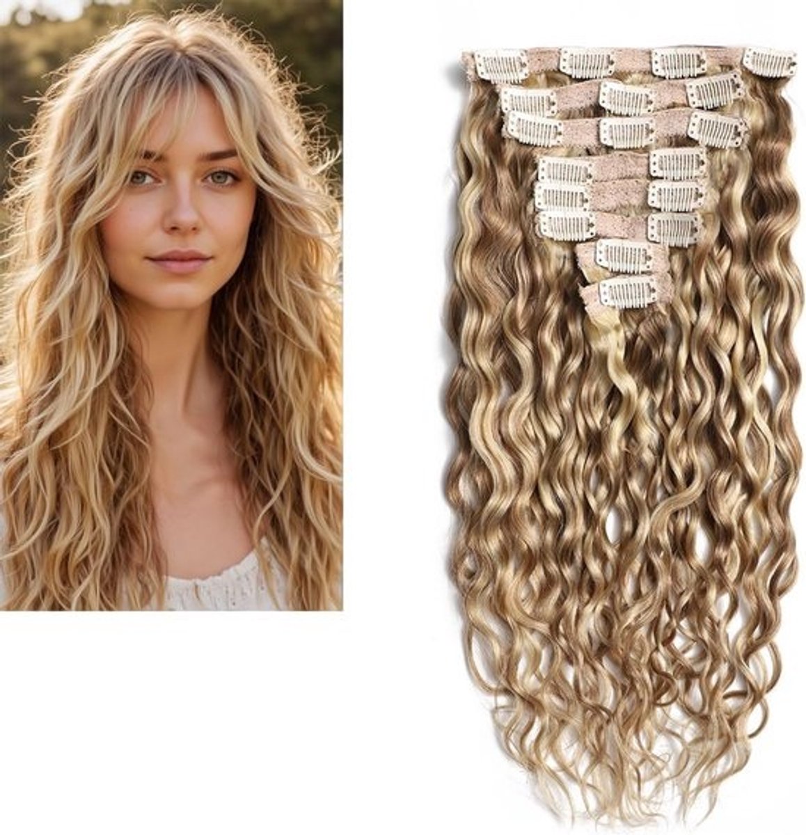 Clip-In Haarverlenging Menselijk Haar Gloed 9A Krullend Balayage Bruin Blonde Highlights 45 cm