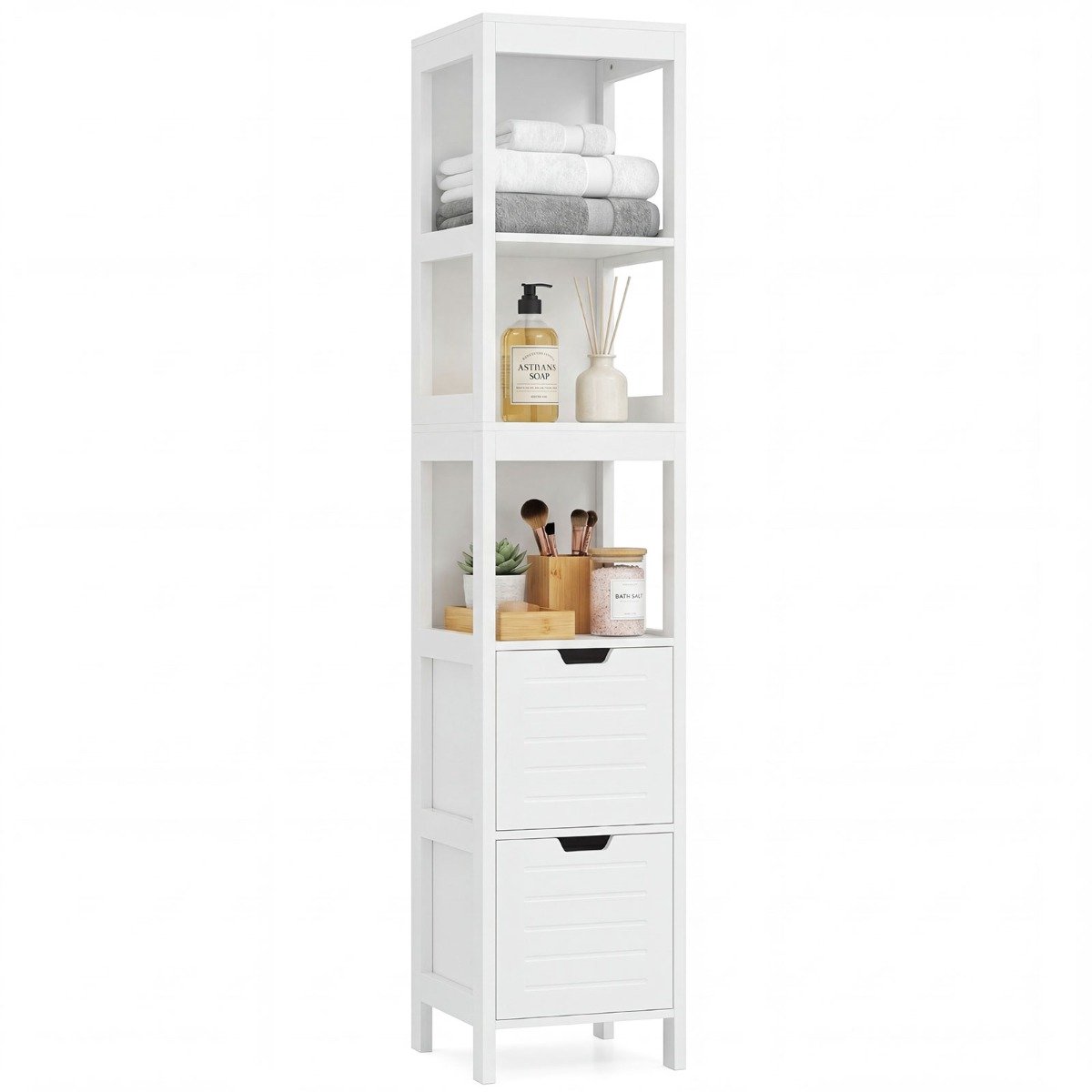 SureDeal® - Badkamer - Hoge Opbergkast - Laden Vrijstaande Vloer - Planken Smalle Kast - Slaapkamer Woonkamer - 30,5x30,5x145 cm - Wit