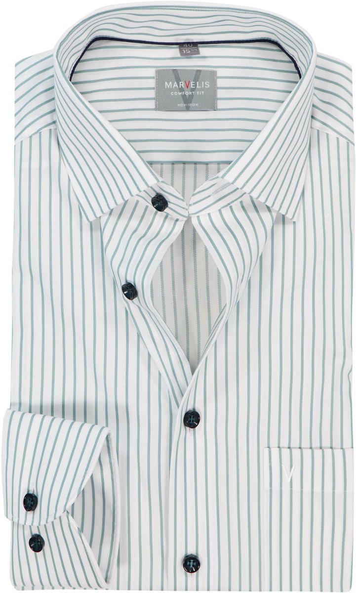 MARVELIS comfort fit overhemd - popeline - wit met groen gestreept - Strijkvrij - Boordmaat: 43 (EU maat: XL)