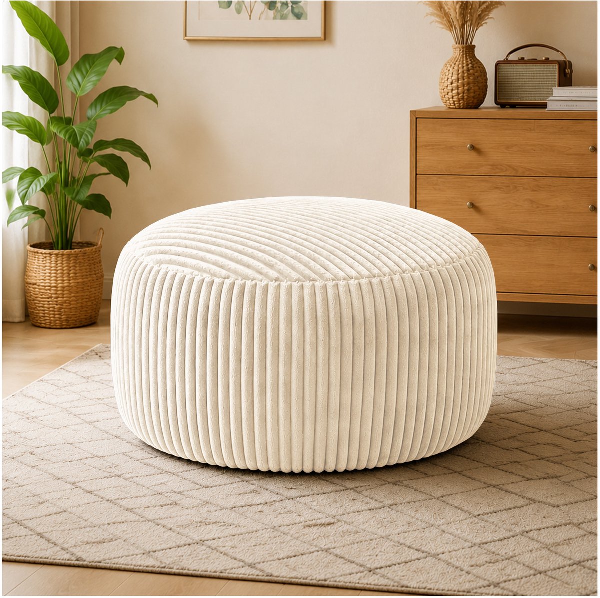 COVREO Zitzak 100x100x50 cm wit ribstof - memory foam vulling - voor binnen - 4FT - volwassenen