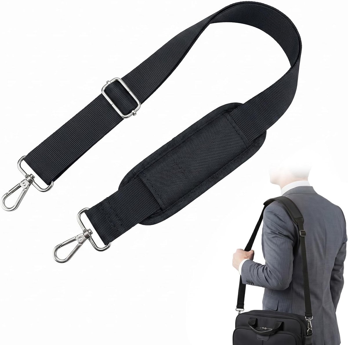 Verstelbare Schouderband voor Vervangende Tas met Gewatteerde Schouderriem, Nylon en Metalen Haakjes voor Laptop, Handtas en Sporttas, Breedte 3.8 cm