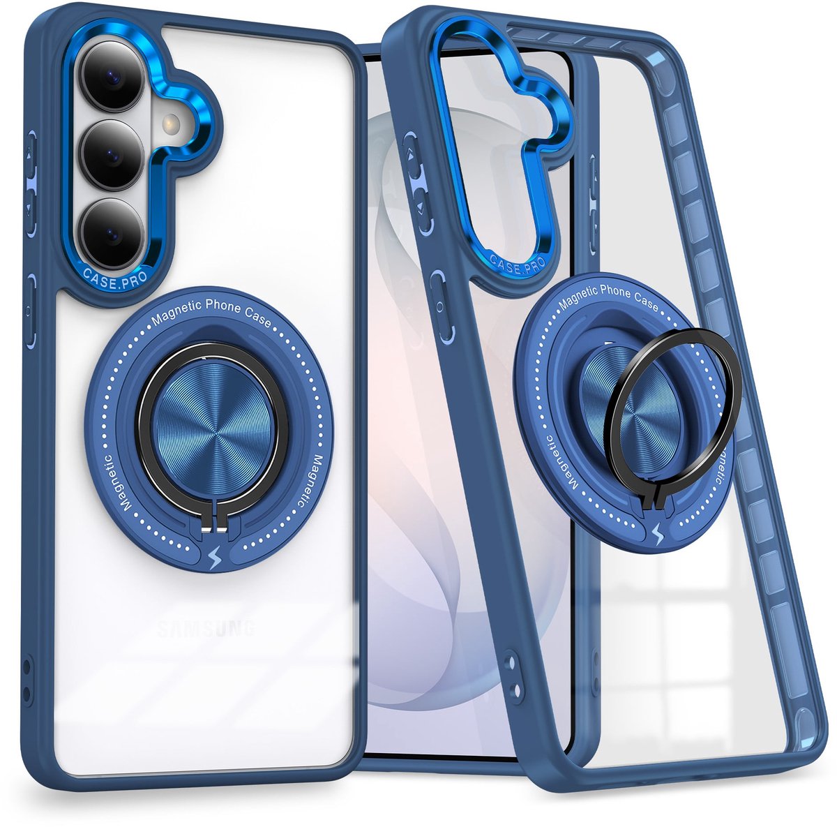 Magsafe Hoesje Geschikt voor Samsung Galaxy S26 Plus hoesje Transparant Blauw - Met kickstand Draaibare Ring Houder