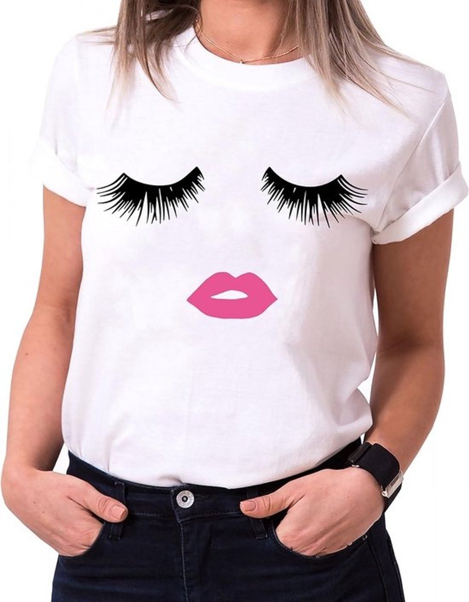 Dames T-shirt met Wimper & Lip Print - Trendy Casual Korte Mouwen Katoen Wit