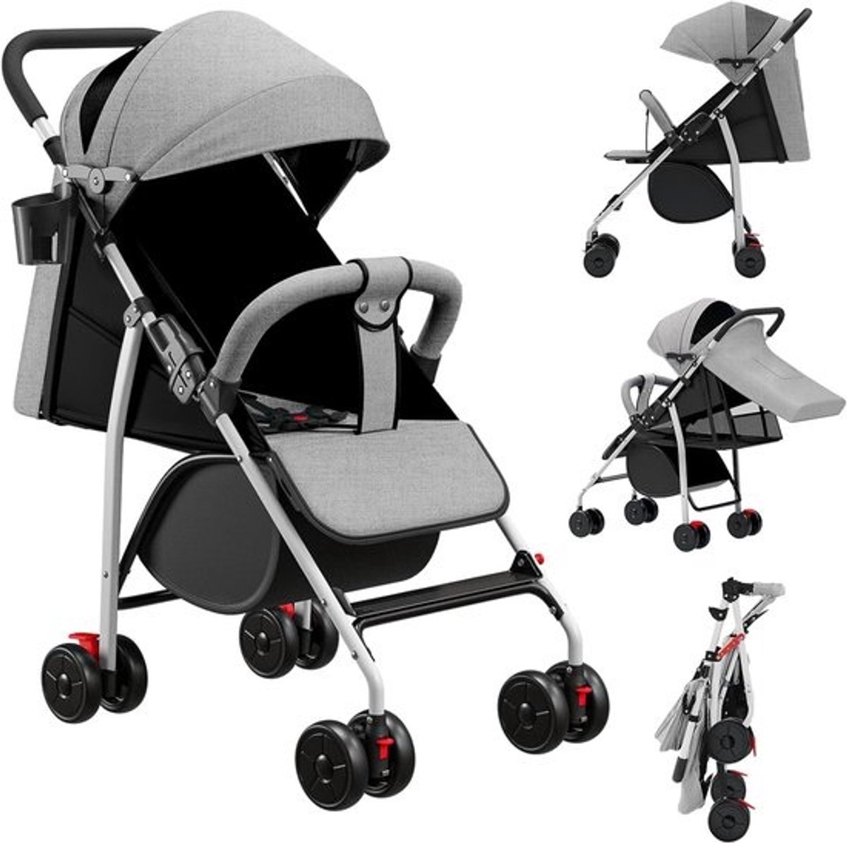 Kinderbuggy - Wandelwagen Kinderwagen - Reizen en Dagelijks Gebruik - Met Eén Hand Inklapbaar - Tot 22 kg - Grijs