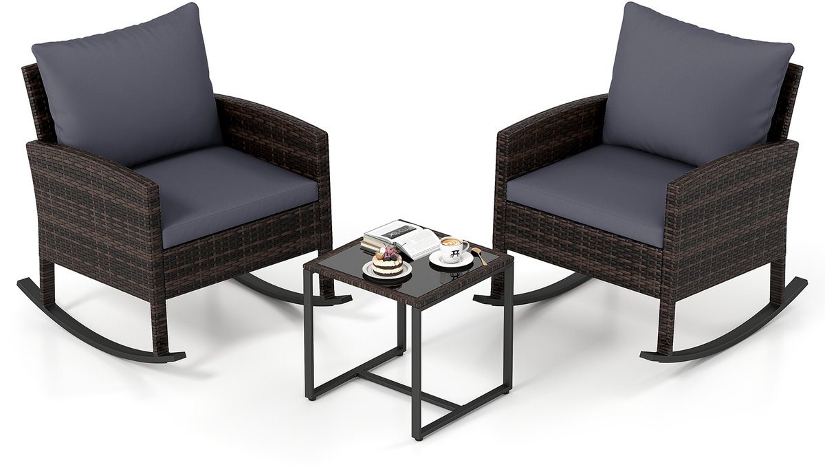 SureDeal® - Tuinset - Delig Tuinmeubelset Balkonmeubels - Schommelstoelen - Glazen Tafel Balkonset - 77x62x72 cm - Grijs
