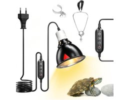 Warmtelamp - Lamphouder voor reptielen - Voor reptielen - E27 lamphouder - 300W - Met UVA/UVB-thermostaat en timer - Clipbevestiging - Lamp niet inbegrepen - Voor huisdieren - Zwart