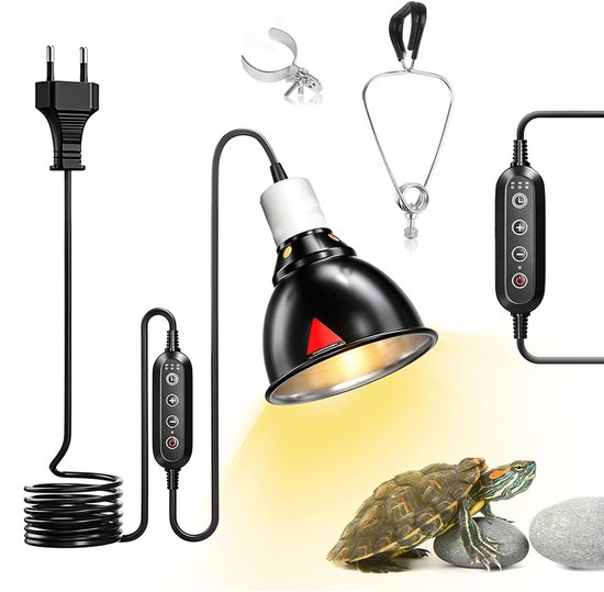 Zwarte warmtelamp met dimbare schakelaar, clipbevestigingen en een roodwangschildpad op stenen.