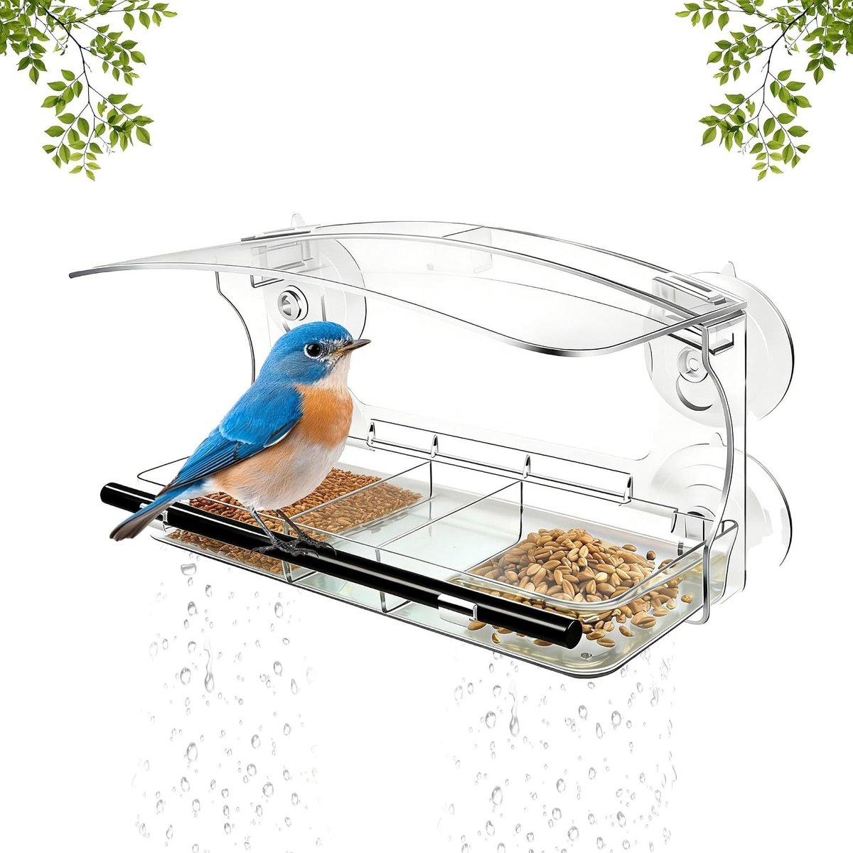 Transparante Vogelvoederdispenser voor het Raam met Zuignappen, 3 Compartimenten, Ideaal voor Balkon en Tuin, Inclusief Afvoergaatjes