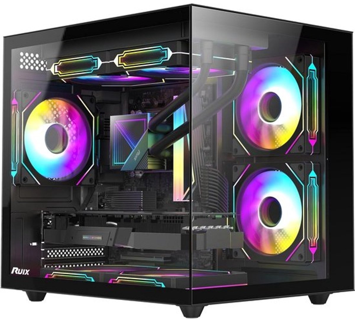 Compacte M-ATX Mini-Tower PC Kast met Panoramisch Gehard Glas en 3x 120mm ARGB Fans