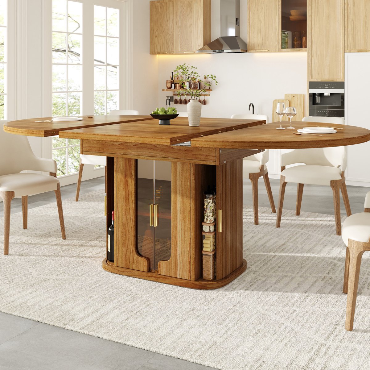 REDOM - Eettafel - Uitschuifbaar - Rond naar ovaal - Met opbergruimte en glazen deuren - Modern - Eetkamer - MDF - Walnoot - 118 x 118 x 77 cm