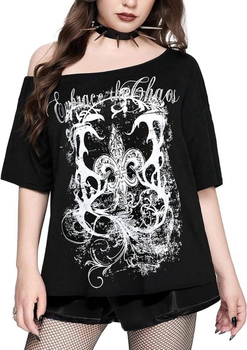 Gothic Punk Off-Shoulder T-Shirt met Grunge Print voor Dames en Meisjes | Y2K Stijl