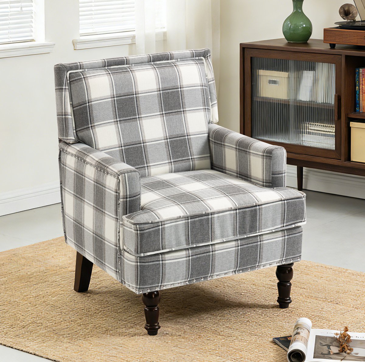 MODFU-Fauteuil-Vintage-Geruit-Armleuningen-Houten Poten-Wit Grijs